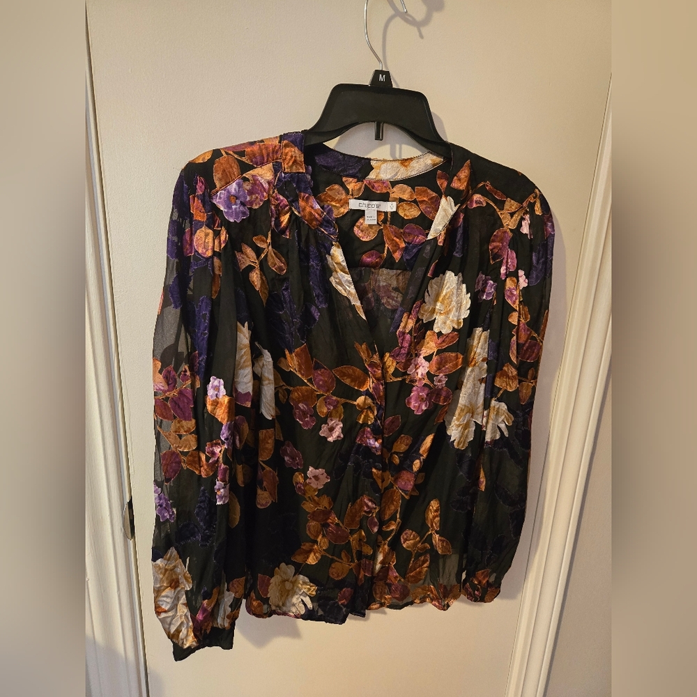 Chico's Black and Purple Sheer Burnout  Button Up Blouse